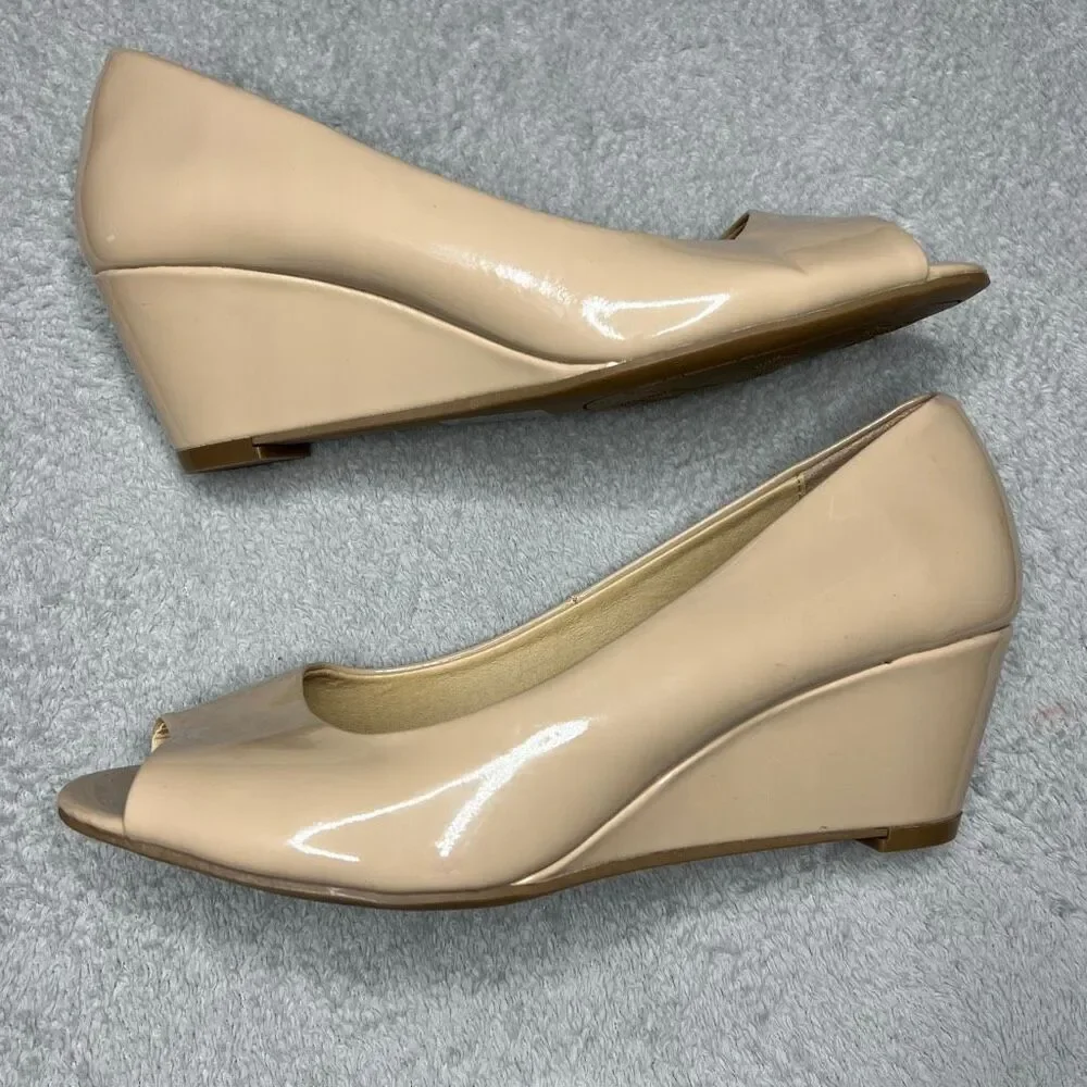 Cityclassified Comfort Low Wedge Slip On Open Toe Shoes Vegan Patent Women’s 8